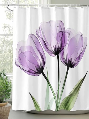Waterproof Fabric Shower Curtain Purple Tulip Abstract Flower Shower Curtains for Bathroom, Quick-Drying, Machine Washable 72x72 Inch - color: Purple Green, size: 72"W x 72"L (Pack of 1)