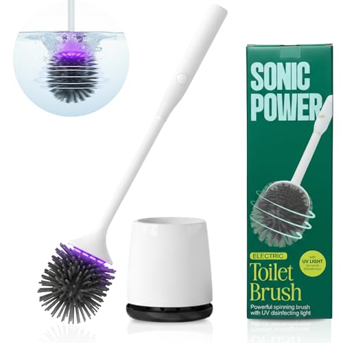Electric Toilet Brush & Scrubber – Self Cleaning Silicone Toilet Bowl Brush with UVC Light, Rechargeable Wireless Spinning Toilet Brush & Holder Set, Wall Mount or Floor Standing (Pack of 1) | Spinning Toilet Bowl Brush & Holder with UV Sanitizing Light,