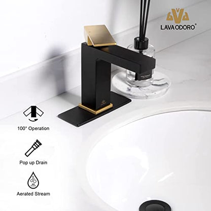 Black and Gold Bathroom Faucet, Brass Single Hole Bathroom Sink Faucet Single Handle with Drain Assembly, Deck Plate Included, BF307-GB - color: Brushed Gold/Matte Black