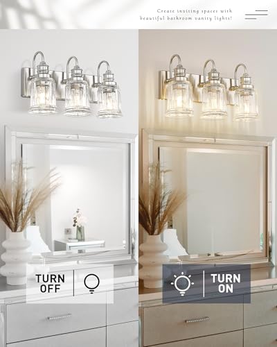 Bathroom Light Fixture, HWH 3-Light Vanity Light Brushed Nickel Modern Bathroom Lights Over Mirror, Bell-Shaped Fluted Glass, 5HZG106B-3W BN - color: Brushed Nickel, size: 3-Light