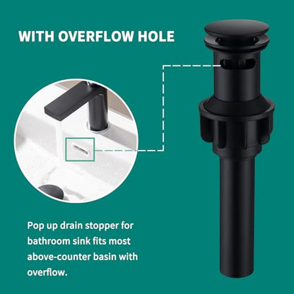 Black Sink Drain with Overflow Pop Up Sink Drain Stopper for Sink Faucet Vessel Vanity Bathroom Sink Drain Strainer with Hair Catcher Anti-Clog Strainer Matte Black, SD30-BK - style: Big Popup Cap-Black