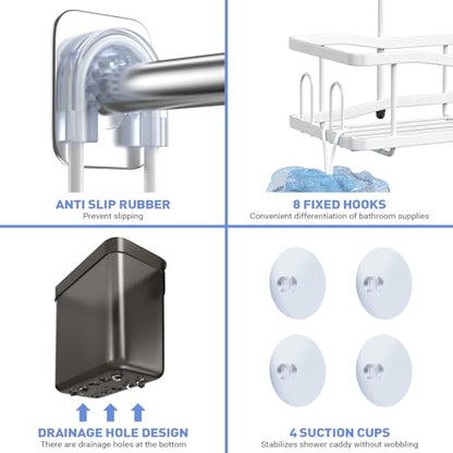Hanging Shower Caddy Over Shower Head - No Drill Rustproof Shower Rack | Includes Soap Holder and Hooks for Shampoo, Conditioner, and Bathroom Essentials with Stable Storage in Any Shower Space - color: White
