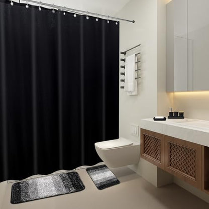 XLHOMO 24PCS Bathroom Sets with Shower Curtain and Rugs,Black Bathroom Accessories Set Waterproof Black and White Shower Curtain Set, Toilet Brush, Trash Can & Bathroom Rug - size: Bath Set+Shower Curtain+Bath Rugs, style: Black6
