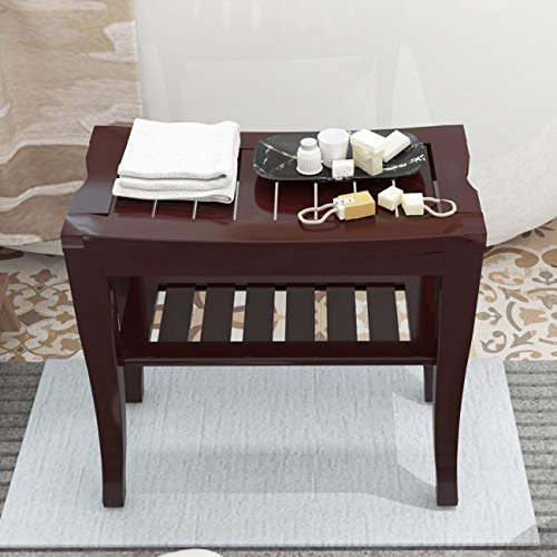 soges Bamboo Shower Bench, Waterproof Shower Stool with Storage Shelf, Wood Bath Organizer Seat, Brown - color: Brown