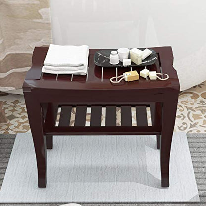 soges Bamboo Shower Bench, Waterproof Shower Stool with Storage Shelf, Wood Bath Organizer Seat, Brown - color: Brown