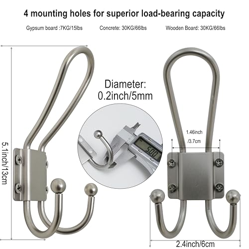 WEBI Coat Hooks Wall Mount,5 mm Thick,10 Large Triple Hooks,Heavy Duty Metal Backpack Wall Hooks for Hanging Clothes,Robe,Towel,Closet,Farmhouse,Mudroom,Silver - color: Silver