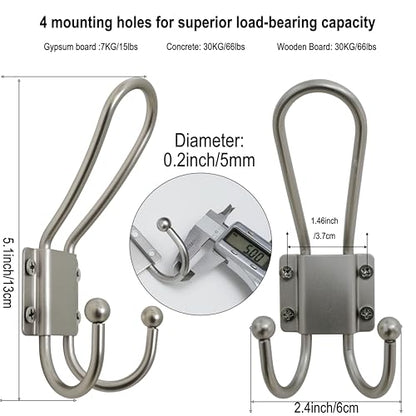 WEBI Coat Hooks Wall Mount,5 mm Thick,10 Large Triple Hooks,Heavy Duty Metal Backpack Wall Hooks for Hanging Clothes,Robe,Towel,Closet,Farmhouse,Mudroom,Silver - color: Silver