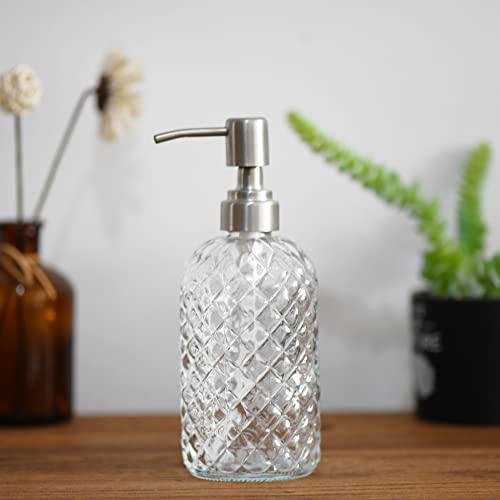 16 oz Diamond Pattern Glass Soap Dispenser, Kitchen and Bathroom Refillable Soap Dispenser with Rust Resistant Stainless Steel Pump for Hand Soap, Lotion Glass Liquid Dispenser(Clear-2pack) - color: Clear-2pack