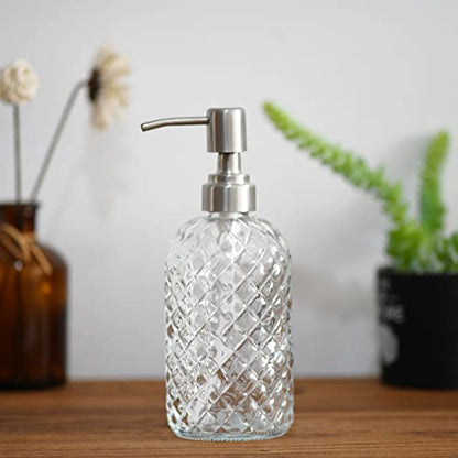 16 oz Diamond Pattern Glass Soap Dispenser, Kitchen and Bathroom Refillable Soap Dispenser with Rust Resistant Stainless Steel Pump for Hand Soap, Lotion Glass Liquid Dispenser(Clear-2pack) - color: Clear-2pack