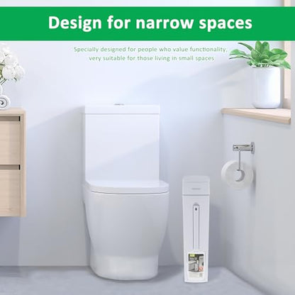 Bathroom Trash Can and Toilet Brush Set, Narrow Slim Can With Pop-up Lid, Modern White Mini Rectangular Bin for Limited Small Space