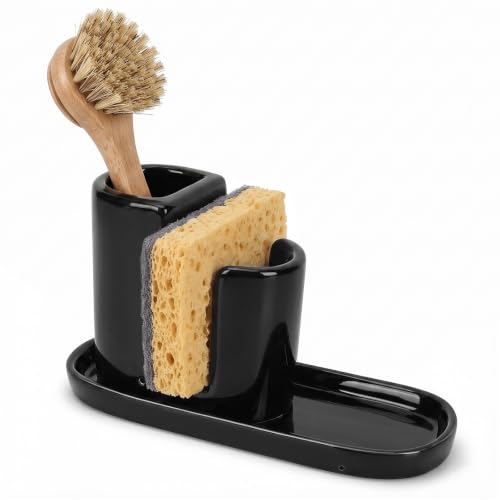 Ceramic Kitchen Sink Caddy Sponge Holder and Dish Brush Holder and Soap Tray for Kitchen Sink Organizer, Black - color: Black
