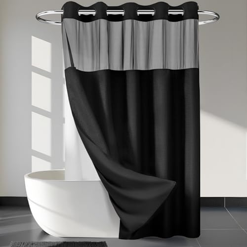 RiverDream Heavyweight Waffle No Hook Shower Curtain with Liner,Black,71x80 | Dotted Waffle,Snap-in Liner,Heavy Duty,Quick Dry,Mesh Top Window,With Bottom Magnets,Hotel-Grade,Washable,Long Size - color: Black, size: 71"W x 80"L (Pack of 1)