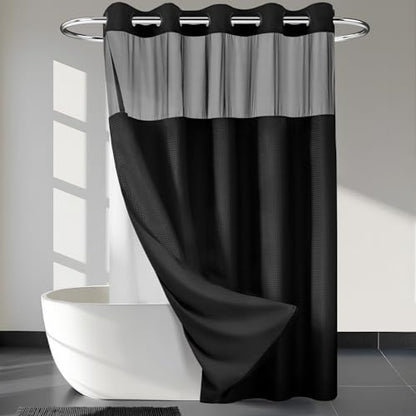 RiverDream Heavyweight Waffle No Hook Shower Curtain with Liner,Black,71x80 | Dotted Waffle,Snap-in Liner,Heavy Duty,Quick Dry,Mesh Top Window,With Bottom Magnets,Hotel-Grade,Washable,Long Size - color: Black, size: 71"W x 80"L (Pack of 1)