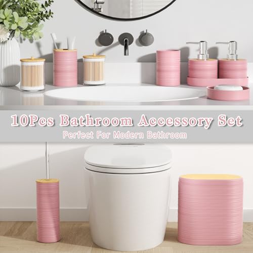 XLHOMO Pink Bathroom Set - 10PC Bathroom Accessories Set, Luxury Bathroom Accessory Set with Trash Can,Toilet Brush & 2 PC Soap Dispensers for Apartment Decor and Housewarming - size: Press-lid Bathroom Set, style: Pink