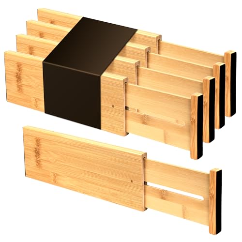 Utoplike Bamboo Drawer Organizer, 4" H Dresser Drawers Dividers for Clothes | Adjustable Drawers Organizers for Clothing, Silverware, in Kitchen, Bathroom, Bedroom Drawer, Fit 14"-16" Drawers - color: Natural, size: 4"H, Small