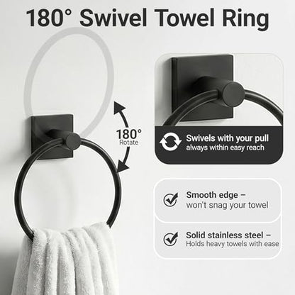 24-Inch Wall Mounted Towel Racks for Bathroom – Space Saver 4-Piece Durable Stainless Steel Bathroom Hardware Set with Towel Bar, Towel Ring, Toilet Paper Holder & Hook, Matte Black - color: Black