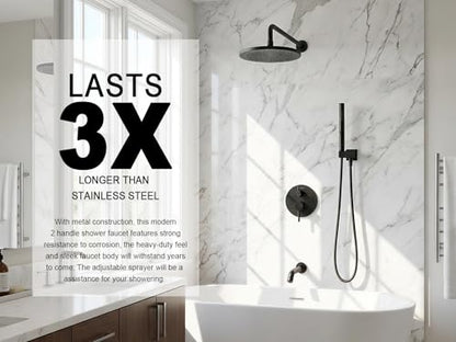 Lava Odoro Modern 3-Setting Round Rain Bathtub and Shower Faucet Set, Black Rainfall Shower Head and Handle Set, Rain Shower System with Tub Spout, Shower Valve Trim Kit, Matte Black, SF104-MB-T - color: Matte Black, style: With Tub Spout