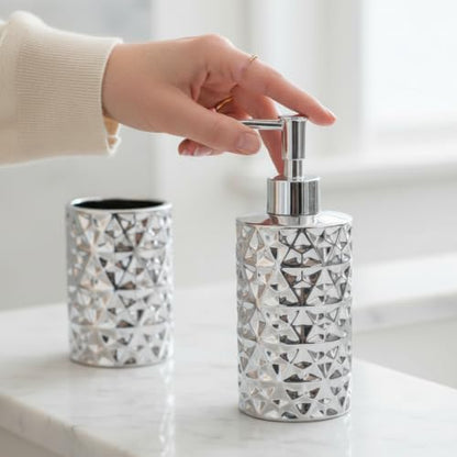 Silver Bathroom Accessories Set 3 PCS, Dispenser, Soap Dish and Vase | Diamond Ceramic Bathroom Accessory Complete Set - Lotion Dispenser, Soap Dish,Vase for Countertop Vanity - color: Silver