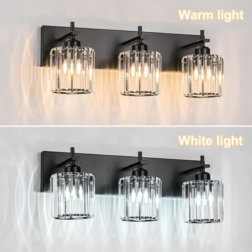 Black Crystal Bathroom Vanity Lights, Modern 3-Lights Bathroom Lighting Fixtures Over Mirror, Crystal Wall Lighting with Round Shade - color: Black-Round Shade, size: 3-Light