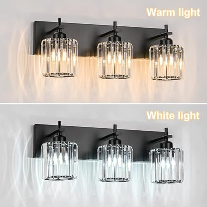 Black Crystal Bathroom Vanity Lights, Modern 3-Lights Bathroom Lighting Fixtures Over Mirror, Crystal Wall Lighting with Round Shade - color: Black-Round Shade, size: 3-Light