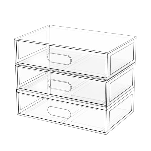 Clear Stackable Makeup Organizer with Drawer, 12''W Acrylic Storage Drawers | Cosmetic Display Case for Vanity Bathroom Countertop Drawers, Beauty Holder for Lipstick Brush Skincare Perfume - size: 3 Tier