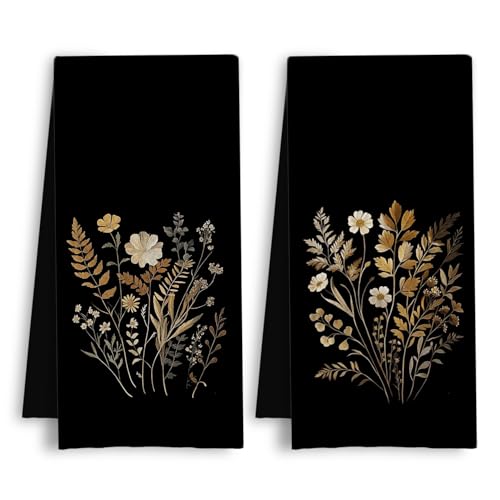 Floral Kitchen Towels, Dark Cottagecore Botanical Dish Tea Towels, Rustic Vintage Wildflower Decorative Hand Towel for Bathroom Kitchen, 16x24 Inch Set of 2 - color: Vintage Wildflower