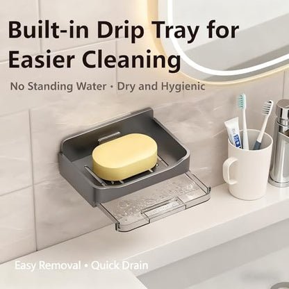 Wall Mounted Soap Holder for Shower, No Drilling Soap Dish with Hooks, Self-Draining Bar Soap Holder Keeps Dry, Removable Shower Soap Holder for Bathroom, Bathtub, Kitchen,Adhesive Included