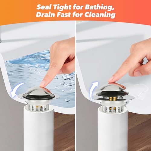 Universal 3-in-1 Bathtub Drain Stopper with Hair Catcher, 1.45-1.8 inch (2, Sliver)