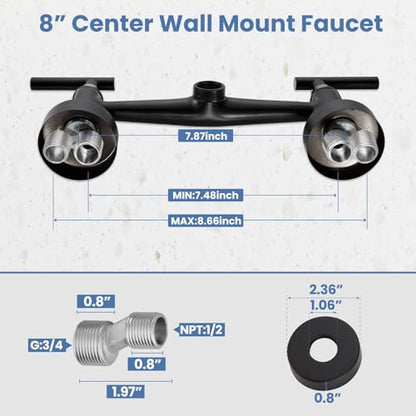 Airuida 8 Inch Center Matte Black Wall Mounted Kitchen Sink Faucet | 360° Degree Swivel Spout,Double Handle,Wall Mount Utility Sink Faucet - color: Matte Black