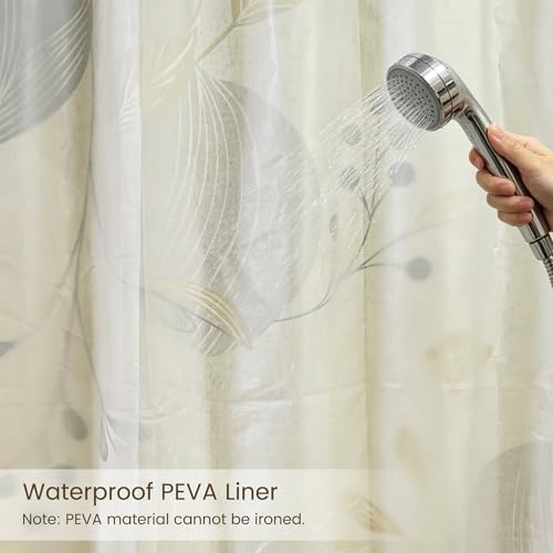 Morandi Branch Linen Boho Floral Shower Curtain Set with Liner | Double Layer Shower Curtain Waterproof Fabric with Zippered Removable PEVA Liner,Boho Shower Curtain for Bathroom,Free Hooks - color: Neutral Leaf