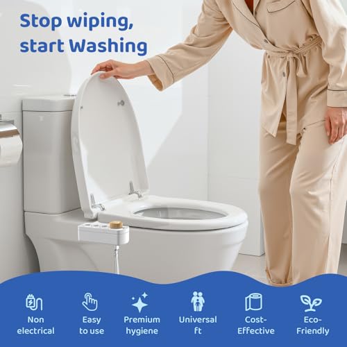 Bidet Attachment for Toilet Seat, Ultra Slim | Easy Control | Adjustable Water Pressure | Non-Electric Self-Cleaning Dual Nozzle | Cold Water Bidet for Frontal & Rear Wash, Bamboo Knob