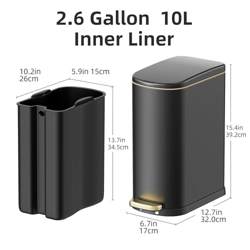 KSSKSS 2.6 Gallon/10L Slim Stainless Steel Bathroom Trash Can with Soft Close Lid, for Narrow Spaces,Bathroom, Bedroom (Black) - color: Black