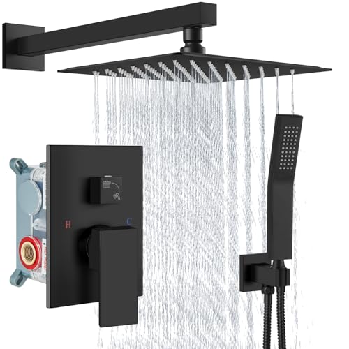Aolemi Shower Faucet Set with Handheld Matte Black 10 Inch Head | Pressure Balance Shower Valve and Trim Kit,SUS304 Rain Head and Handle System,All Metal,Wall Mount,Bathroom,Handheld Spray - color: Black, size: 10 Inch Wall Mount Shower Head