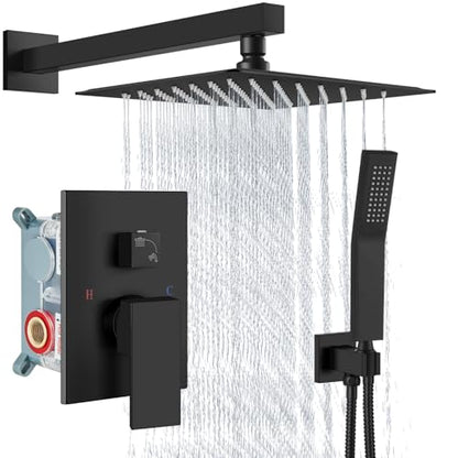 Aolemi Shower Faucet Set with Handheld Matte Black 10 Inch Head | Pressure Balance Shower Valve and Trim Kit,SUS304 Rain Head and Handle System,All Metal,Wall Mount,Bathroom,Handheld Spray - color: Black, size: 10 Inch Wall Mount Shower Head