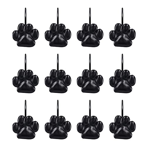 Sunlit Fashion Design Cute Paw Print Polished Shower Curtain Hooks for Dog Cat and Bear, Rust Proof Oil Metal Shower Curtain Rings, Black-12 Pack - color: Black