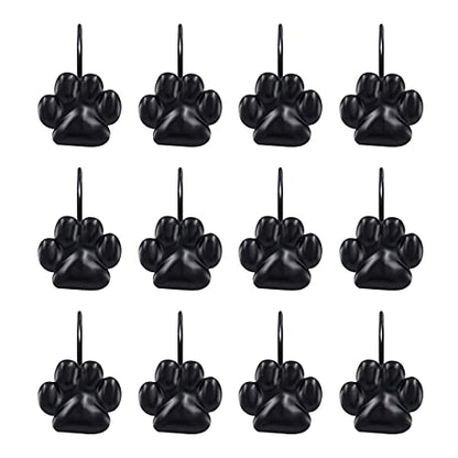 Sunlit Fashion Design Cute Paw Print Polished Shower Curtain Hooks for Dog Cat and Bear, Rust Proof Oil Metal Shower Curtain Rings, Black-12 Pack - color: Black