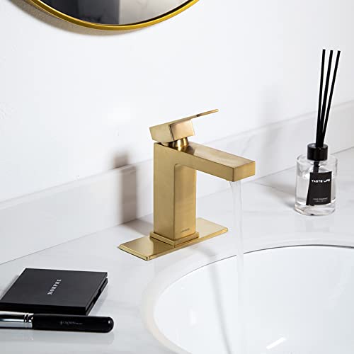 Brushed Gold Bathroom Faucet Single Hole,Modern Bathroom Sink Faucet Single Handle Vanity Faucet with Pop up Drain Assembly, Deck Plate Included, 1.2 GPM, BF307-SG - color: Brushed Gold