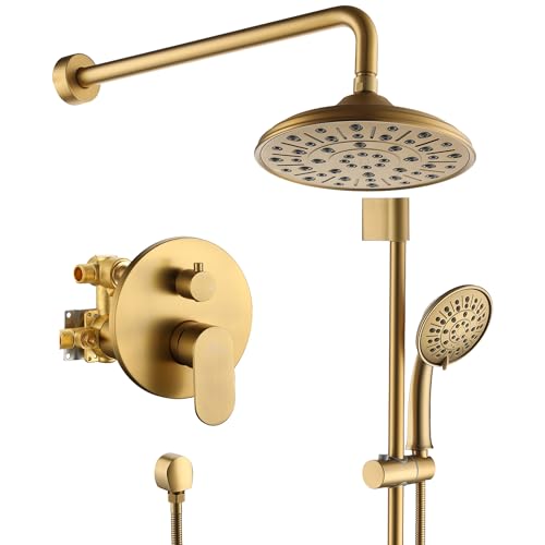 MONDAWE 8 Inch Wall Mounted Shower Faucet Set in Brushed Gold, Rainfall Shower Head with 3-Setting Handheld Spray Shower Set Combo, High Pressure Shower System with Solid Brass Valve - color: Brushed Gold, style: 8 IN - Without Tub Spout