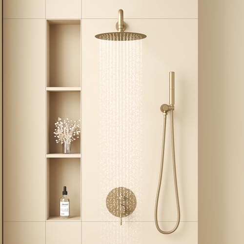 BESy Shower System with 10 Inch Round Rain Shower Head and Handheld Wall Mounted, High Pressure Rainfall Shower Faucet Fixture Combo Set with 2 in 1 Handheld Showerhead for Bathroom, Gold - color: Gold