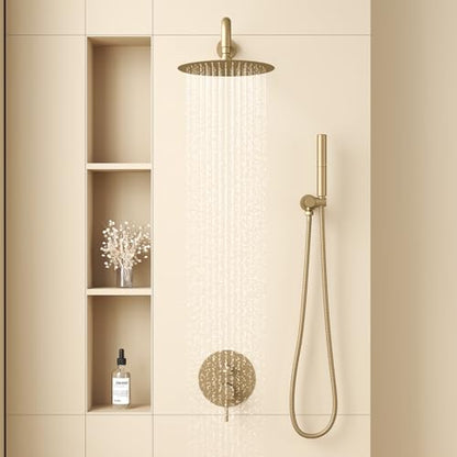 BESy Shower System with 10 Inch Round Rain Shower Head and Handheld Wall Mounted, High Pressure Rainfall Shower Faucet Fixture Combo Set with 2 in 1 Handheld Showerhead for Bathroom, Gold - color: Gold