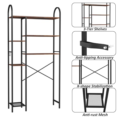 HOMEFORT Over The Toilet Storage with Side Rack, 6-Tier Over Toilet Storage Rack with Adjustable Shelf, Space Saver Bathroom Organizer for Laundry, Balcony, Kitchen,31.5"W x 9.4"D x 65"H,Rustic Brown