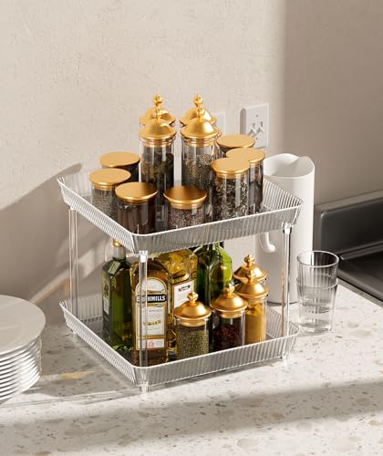 2 Tier Lazy Susan Bathroom Countertop Organizer, 360° Clear Rotating Square Storage Tray, Cosmetics and Perfume Organizer, Spinning Storage Tray Vanity Organizer Shelf for Bathroom Cabinet, Kitchen - size: 2 Tier /10.6 In Square