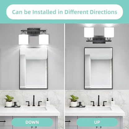 SILAMPDI 2-Light Bathroom Lighting Fixtures, Black Modern Vanity Lights Wall Lamp with Milky White Glass Shades for Mirror Kitchen Living Room Hallway Cabinet Porch, Bulbs Not Included - color: Black-2Light