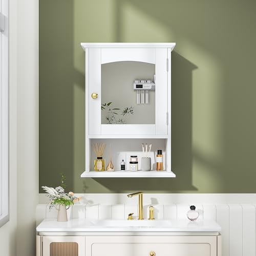 VECELO Bathroom Wall Cabinet with Mirror, Small Medicine Cabinets with Door, Wood Adjustable Shelf, 14.7 x 19.8 x 7.1 Inches, White