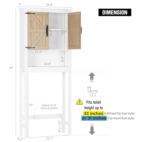 Spirich Over the Toilet Storage Cabinet with Wood-Grain Barn Doors, White | Adjustable Shelves, 33-Inch Toilet Clearance, Adjustable Bottom Rail, Anti-Tip Device, Farmhouse Style, FSC-Certified Wood