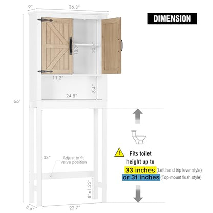 Spirich Over the Toilet Storage Cabinet with Wood-Grain Barn Doors, White | Adjustable Shelves, 33-Inch Toilet Clearance, Adjustable Bottom Rail, Anti-Tip Device, Farmhouse Style, FSC-Certified Wood