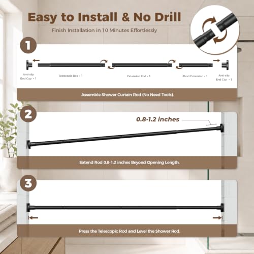 HYSEYY Heavy Duty Shower Curtain Rod,26-80inch Adjustable Tension Rod Black | No Drilling Shower Rods for Bathroom, 1" Diameter Spring Tension Curtain Rod, Non Slip Rust Proof Curtain Rod for bathtubs - color: Black
