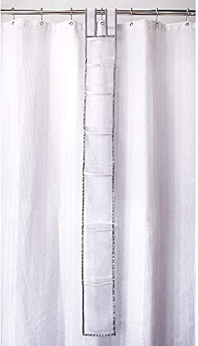 Skywin Hanging Mesh Shower Caddy, 7 Pockets, Quick Dry, 60 x 6 In - White | 60 x 6 In, Shower Organizer for Rod or Door, Portable for RV Dorm Cruise Camping, Velcro Strap, Polyester, Foldable