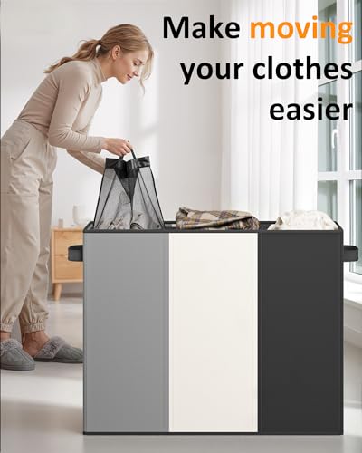 Optish 180L Laundry Hamper 3 Section, Large Laundry Hamper with Lid, Dirty Clothes Hampers with 3 Inner Bags, Laundry Basket Organizer for Laundry, Bedroom, Bathroom, Hamper 3 Compartment - color: Black & White & Grey