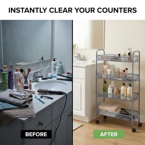 American Dream Matte Grey 4-Tier Mesh Basket Rolling Cart with Wheels Slim Metal Storage Organizer Trolley, 22.4" x 7.3" x 37.4" - color: Gray